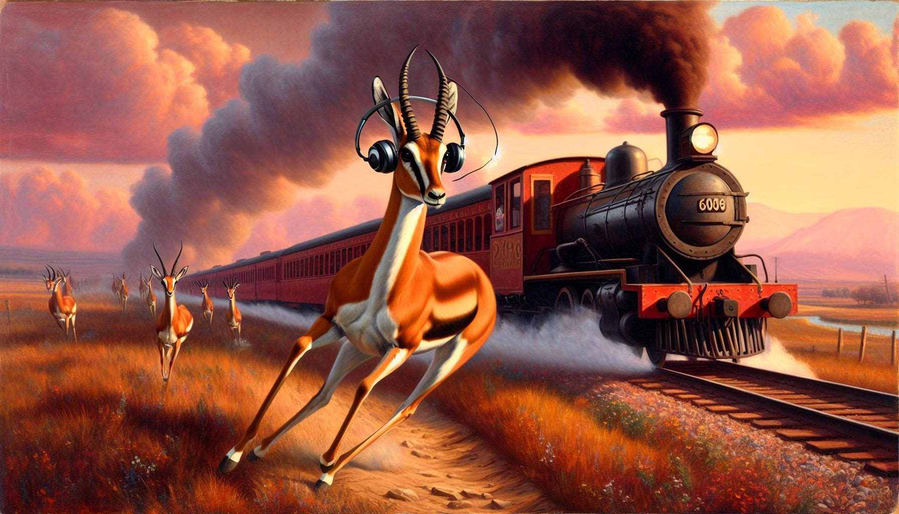 a gazelle wearing headphones racing alongside a train Romantic landscape hudson school