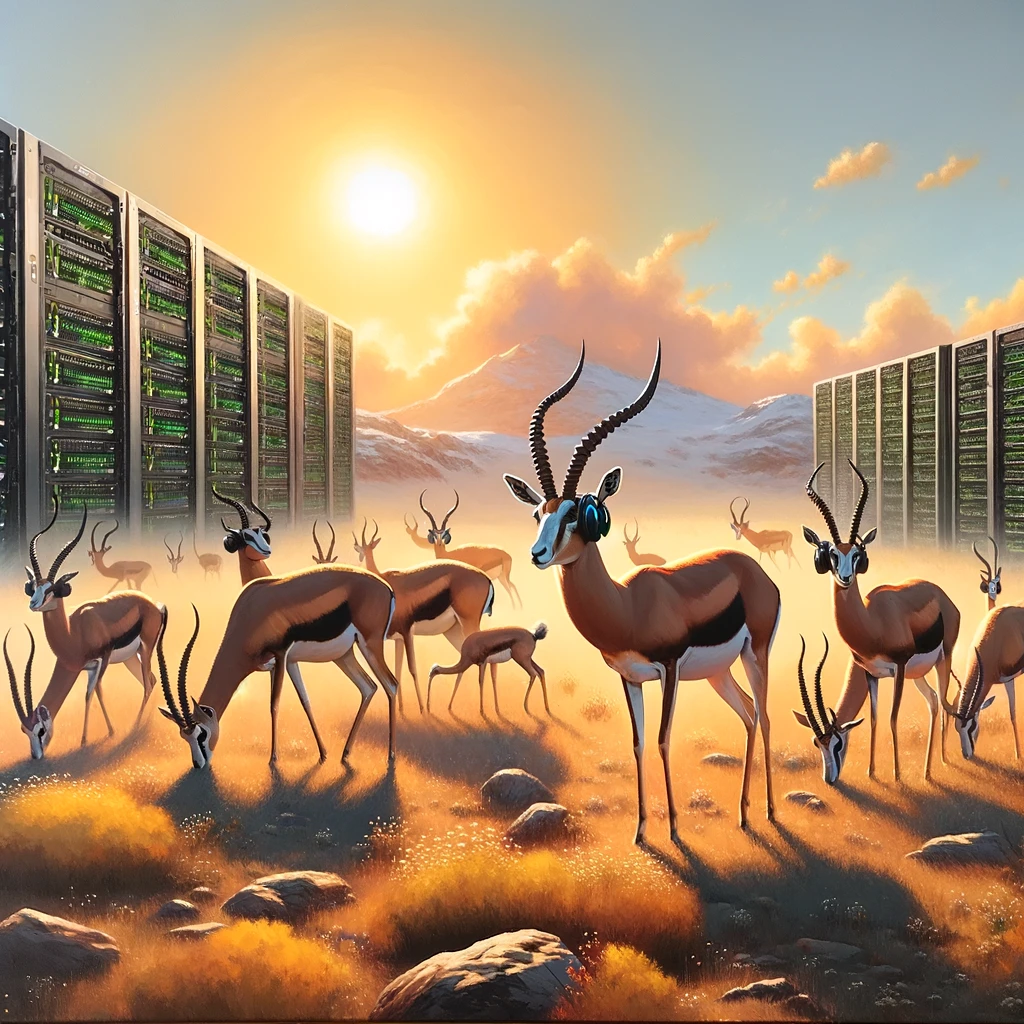 Artistic painting of gazelles wearing headphones in a savannah at sunset, with GPU racks in the background